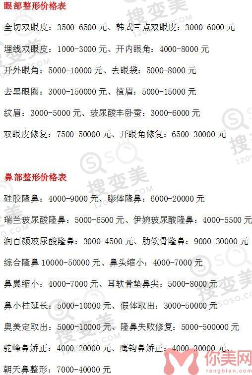 海南华美医学美容医院2022年整形价格表