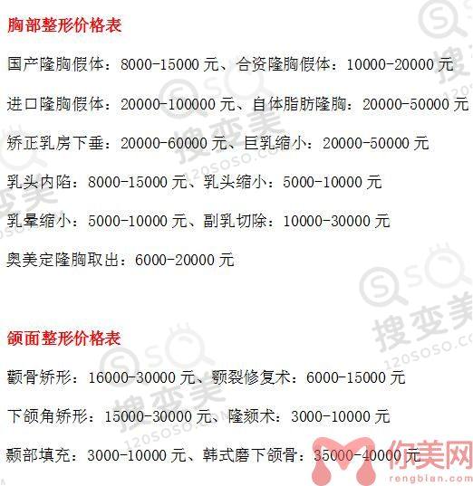 海南华美医学美容医院2022年整形价格表