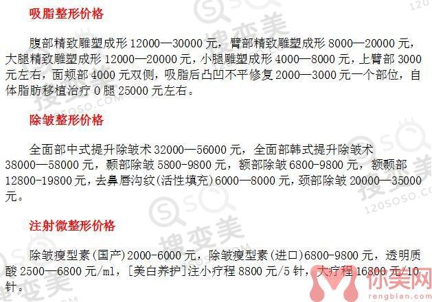 武汉华美整形外科医院2022年整形价格表