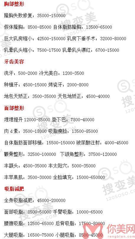 重庆华美整形美容医院2022年整形价格表