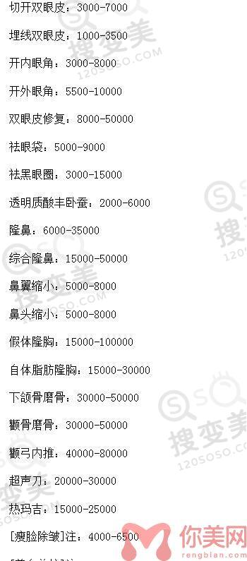 淮安华美医疗美容门诊部2022年整形价格表